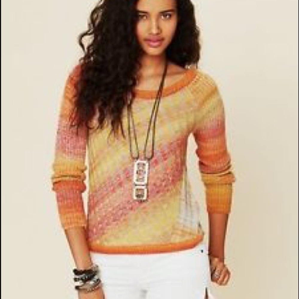 Free People Orange and Beige Boatneck Sweater